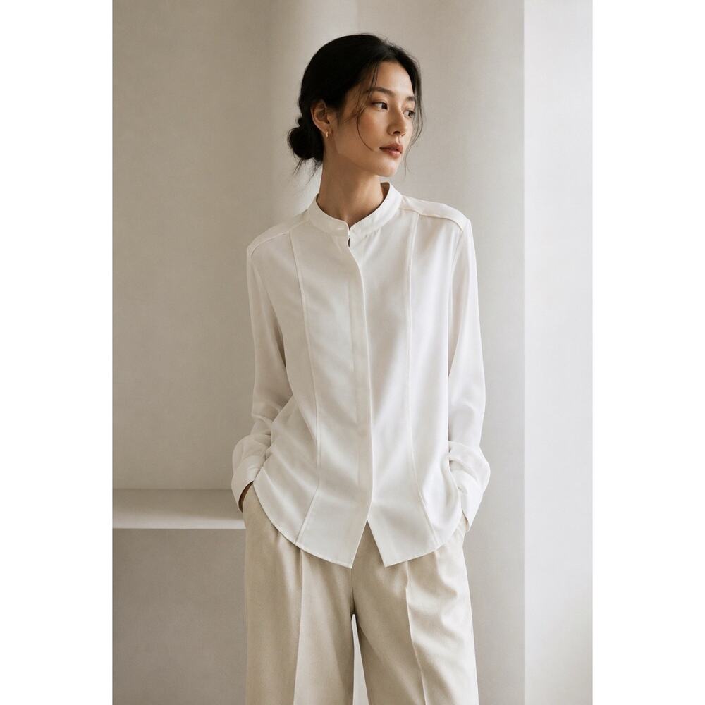 Reiss Women's Beige Mandarin Collar Button Down Hidden Placket Minimalist Sz 10